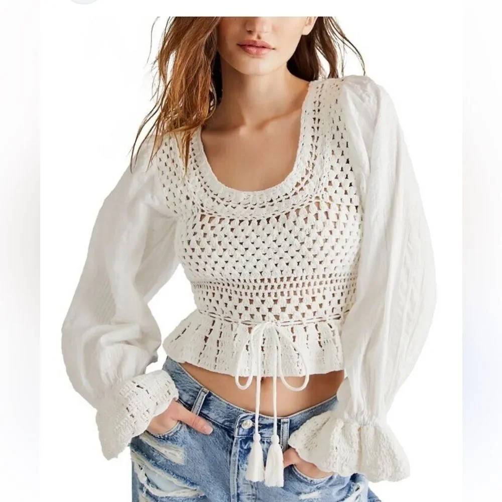 FREE PEOPLE Megan Crochet Ivory Top Boho Peasant Festival small